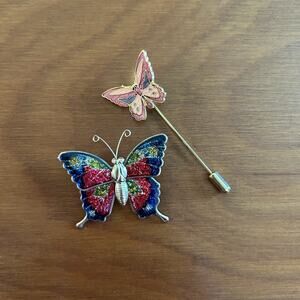 Vintage Enamel Butterfly Hat Pin & Brooch Pink Blue Sparkle